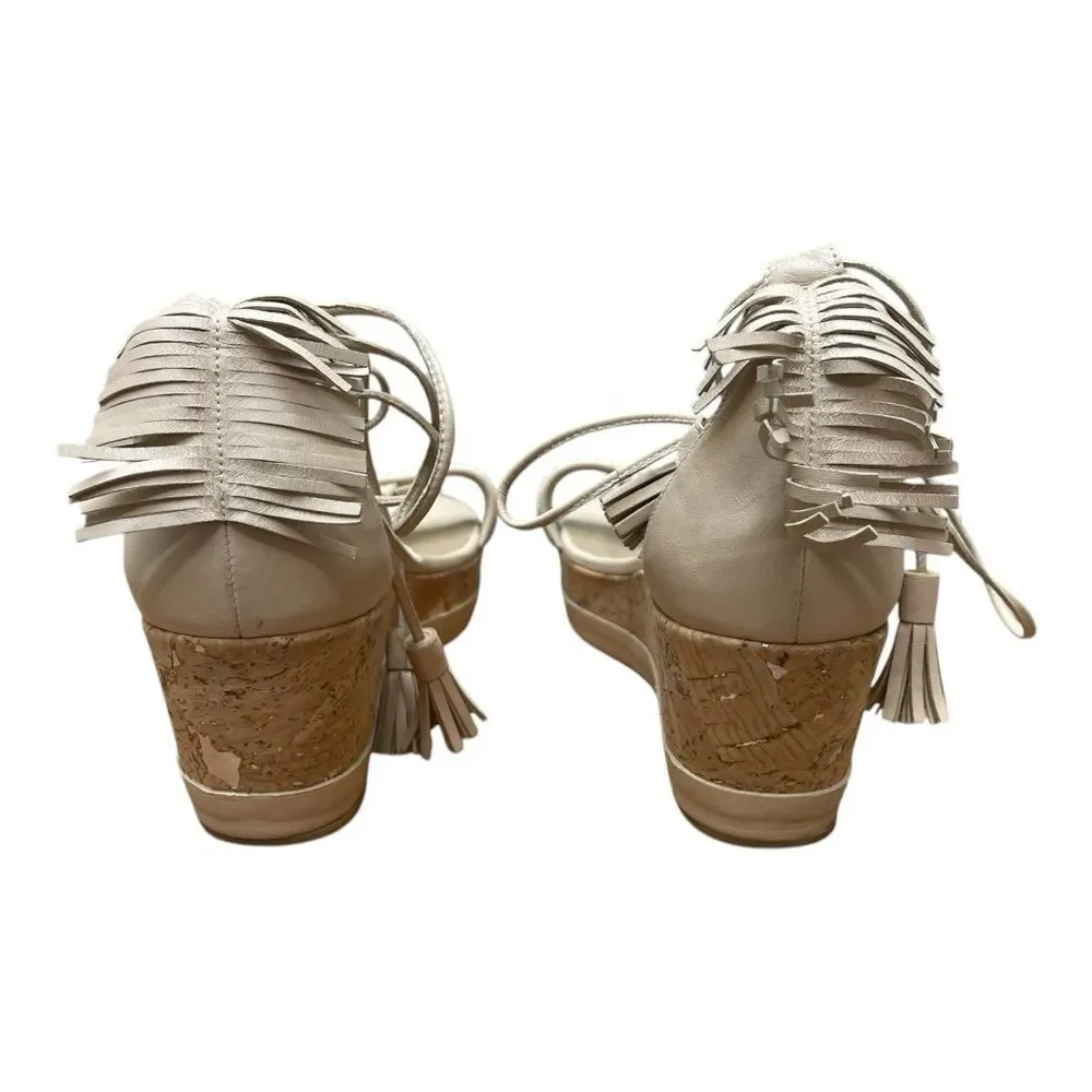 Stuart Weitzman Cream Wedge Sandals Lace Up Fringe Tassels Bohemian Sz 10 - Picture 3 of 10